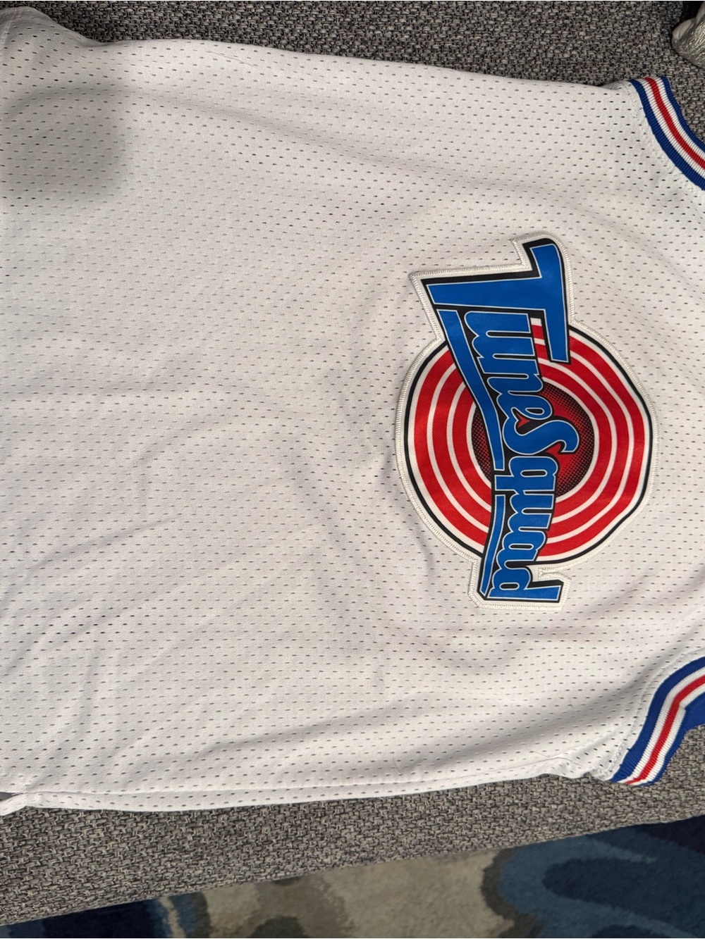 White Kids Jordan Tune Squad Basketball Jersey with Blue & Red Tune Squad Logo